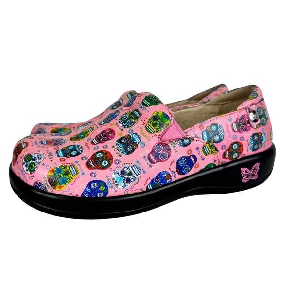 Alegria Keli Sugar Skulls Pink Nursing Clogs Día de los Muertos Shoes Size 38 - Picture 1 of 15